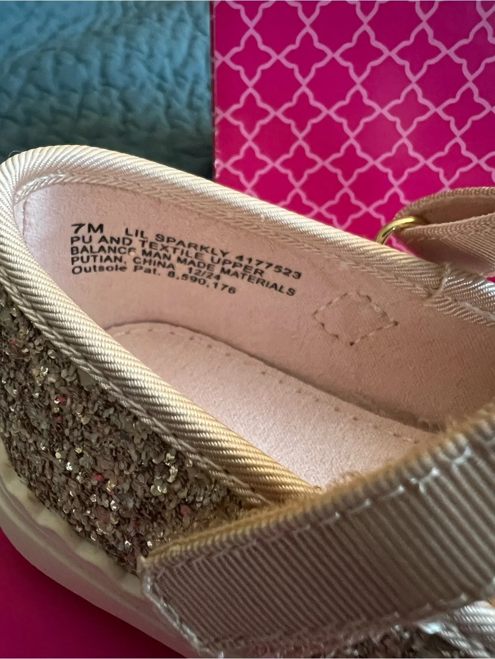 Kelly & Katie Girls Gold Glitter Mary Jane Shoes with Pink Bunny Heart Accent